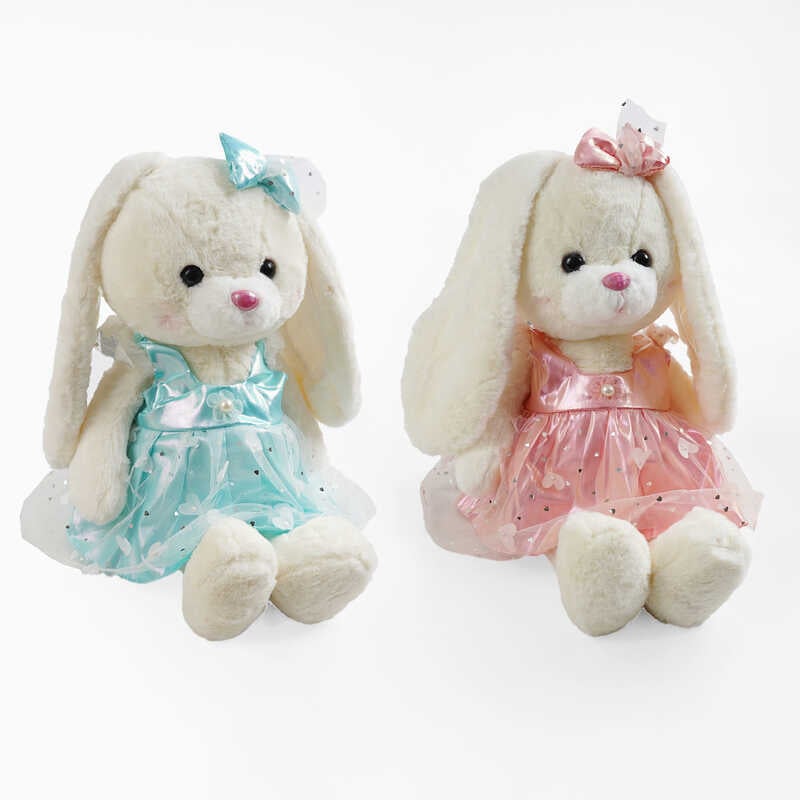 М`яка іграшка M 17976 (100) “Зайчик”, 2 види, текстиль, знімна сукня з декором, блискучі вставки на вухах, висота іграшки - 50 см