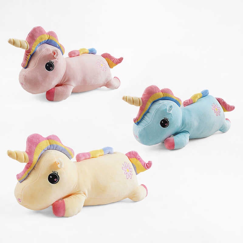 М`яка іграшка M 18287 (50) 3 види, “Єдиноріжка“, лежача, довжина 54см, плед, ВИДАЄТЬСЯ МІКС ВИДІВ