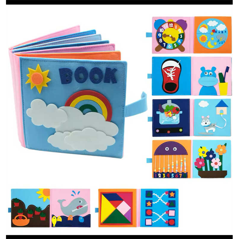 М“яка книжка-бізіборд C 70904 (32) фетр, годинник, шнурівка, рухомі намистини, елементи на липучках, в пакеті