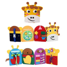 М“яка книжка-бізіборд C 73111 (40) “Жирафа”, фетр, розкладається, пальчикові ігри, рахівничка, аналоговий годинник, регульований ремінець, шнурівка, в пакеті
