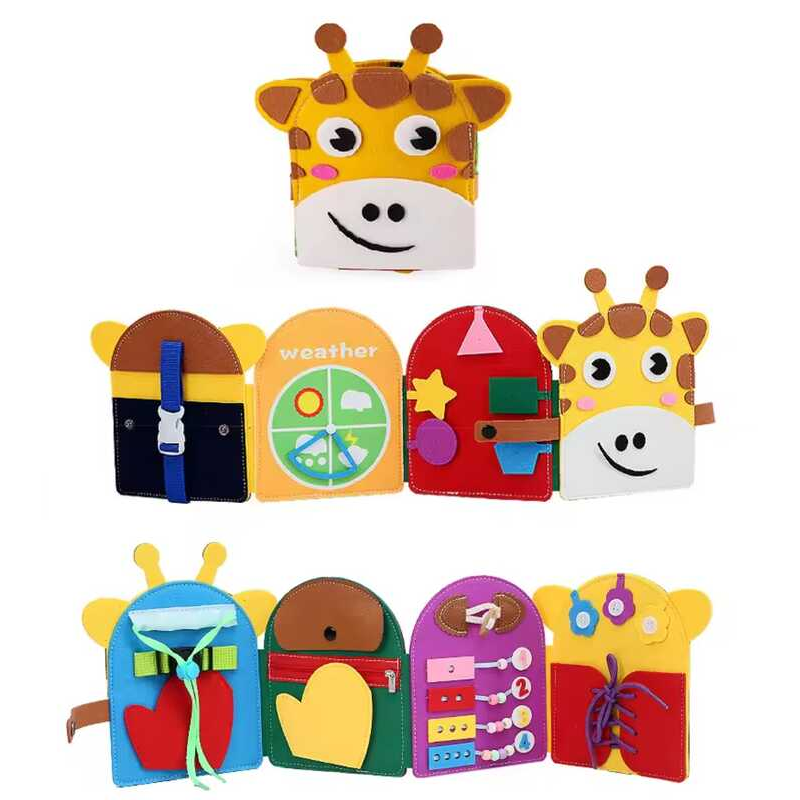М“яка книжка-бізіборд C 73111 (40) “Жирафа”, фетр, розкладається, пальчикові ігри, рахівничка, аналоговий годинник, регульований ремінець, шнурівка, в пакеті