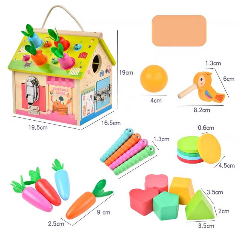 Будиночок логічний C 68839 (18) дерев“яний, сортер, годинник з рухомими стрілками, дверцята з металевими замками, морквини, черв“ячки, в коробці      