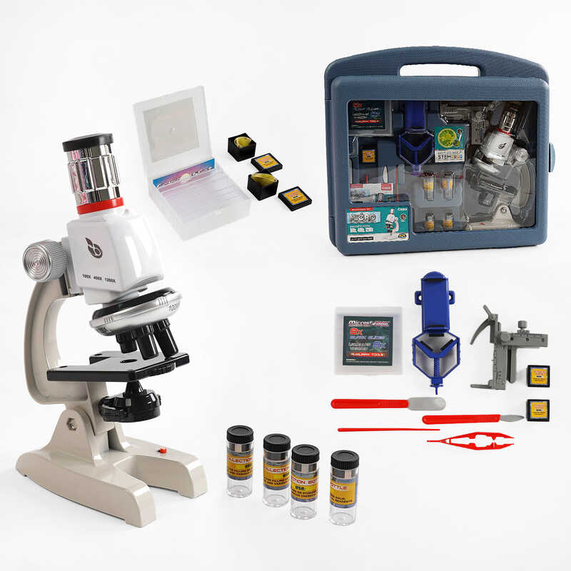 Мікроскоп BG 020 (8) металопластик, підсвічування, від батарейок, підставка для телефона, інструменти, аксесуари, у валізі