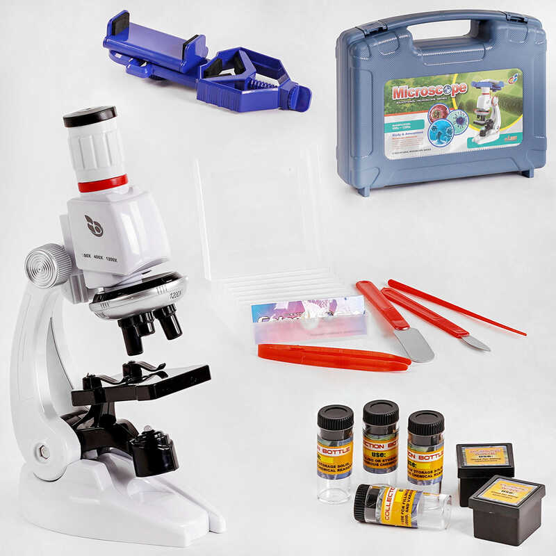 Мікроскоп С 2172 (12) підсвічування, контейнер з предметним склом, баночки, пластиковий тримач для телефону, у валізі