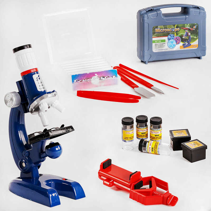 Мікроскоп С 2173 (12) підсвічування, контейнер з предметним склом, баночки, пластиковий тримач для телефону, у валізі