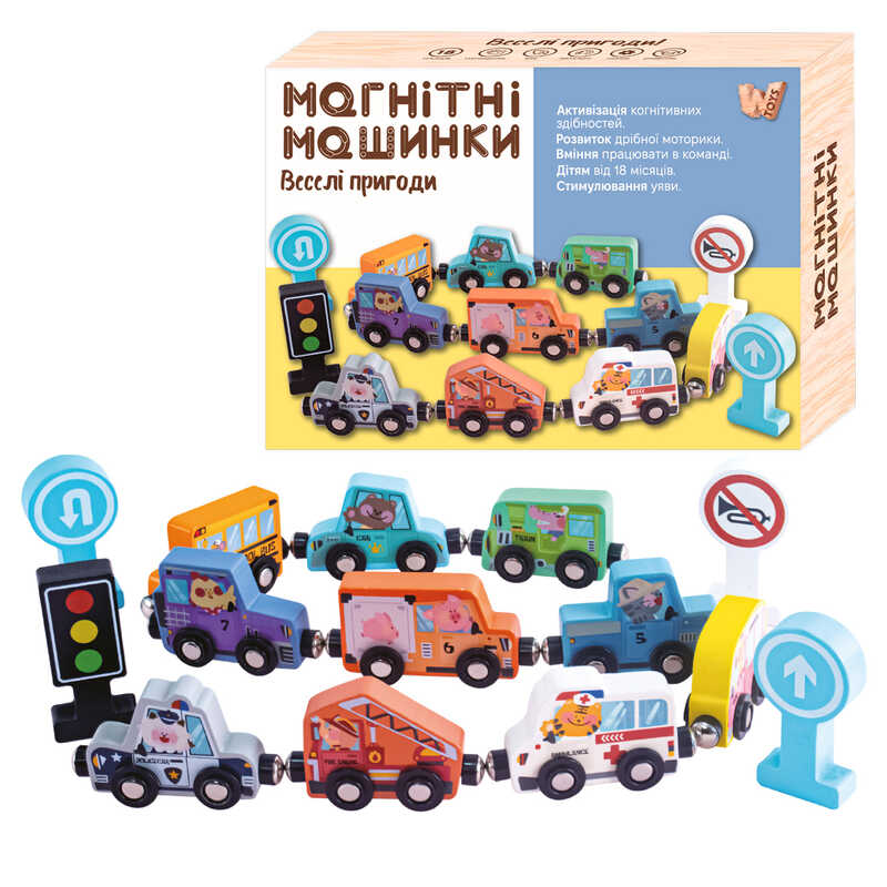 Магнітні машинки 49325 (30) “WToys“, дерев’яні, в коробці