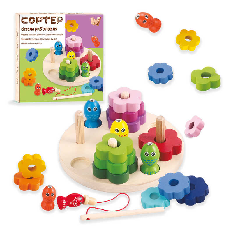Магнітна риболовля 63544 (48) “WToys“, дерев’яна, фігури, вудка, рибки, сортер за кольорами та формами, в коробці