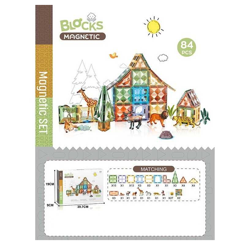 Магнітний конструктор CH 1211 (12) “Зоопарк”, 84 деталі, фігурки тварин, в коробці