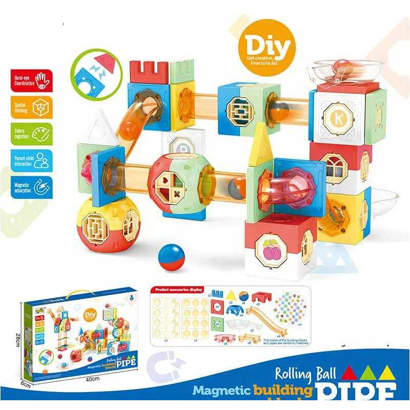 Магнітний конструктор F 0076 (36/2) 79 елементів, кульки, тунелі, наліпки, в коробці