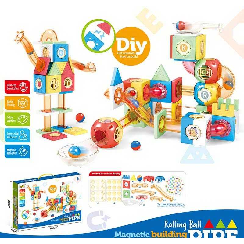 Магнітний конструктор F 0098 (36/2) 111 елементів, кульки, тунелі, наліпки, в коробці