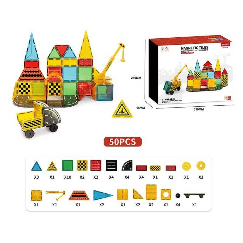 Магнітний конструктор X 2106 (12) “Будівельний майданчик”, 50 деталей, машинка, в коробці