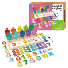 Математична гра C 60405 (24) “WToys“, дерев“яні цифри, стаканчики, рахункові палички, цифри, маркер, в коробці