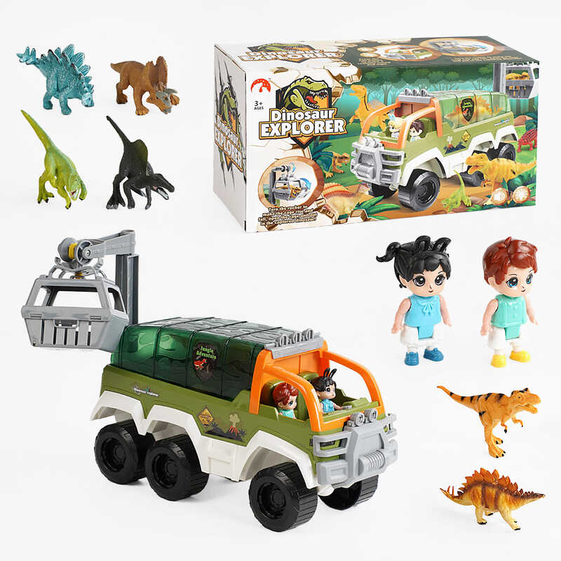 Машина G 0011 (12) звуки, підсвічування, 6 динозаврів, 2 герої, знімний кузов, підіймальний кран, в коробці