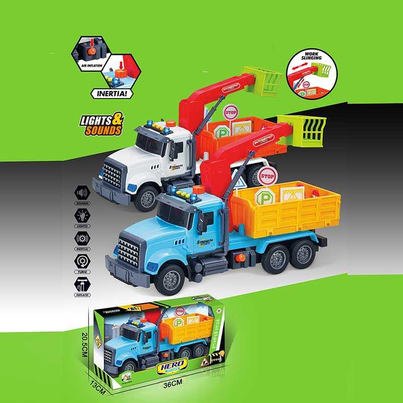 Машина музична 687-47 B (24/2) 2 кольори, “Вантажівка“, підсвічування, звукові ефекти, механічне підіймання стріли, інерція, рухомі деталі, аксесуари, в коробці, ВИДАЄТЬСЯ МІКС ВИДІВ