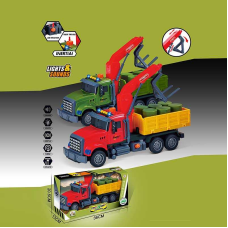 Машина музична 687-48 B (24/2) 2 кольори, “Вантажівка“, підсвічування, звукові ефекти, механічне підіймання стріли, інерція, рухомі деталі, бочки, в коробці, ВИДАЄТЬСЯ МІКС ВИДІВ