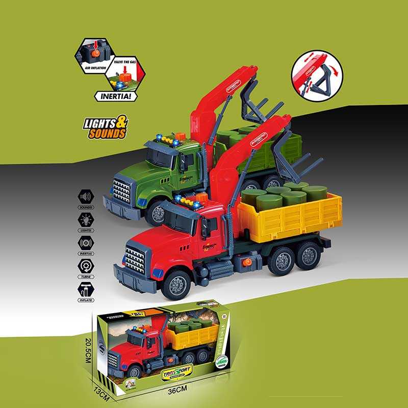 Машина музична 687-48 B (24/2) 2 кольори, “Вантажівка“, підсвічування, звукові ефекти, механічне підіймання стріли, інерція, рухомі деталі, бочки, в коробці, ВИДАЄТЬСЯ МІКС ВИДІВ