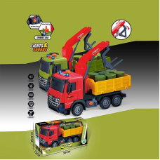 Машина музична 687-59 B (24/2) 2 кольори, “Вантажівка“, підсвічування, звукові ефекти, механічне підіймання стріли, інерція, рухомі деталі, бочки, в коробці, ВИДАЄТЬСЯ МІКС ВИДІВ