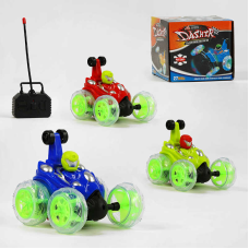 Машинка 8977 (108) на р/к, 3 кольори. на батарейках, підсвічування, перевертиш, обертається передня вісь, пульт керування 27 MHz, у коробці