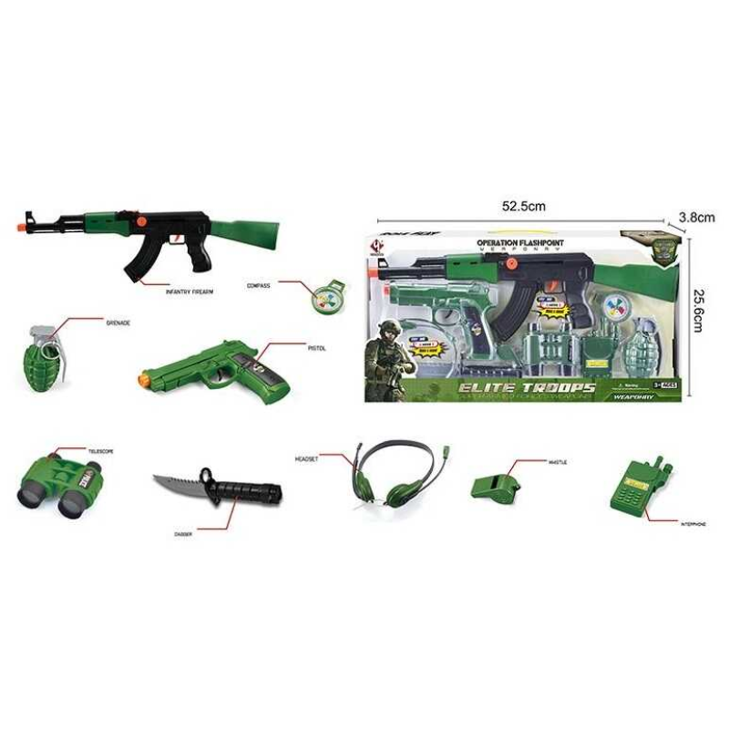 Військовий набір M 016 B (36/2) 2 види зброї, тріскачка, аксесуари, в коробці