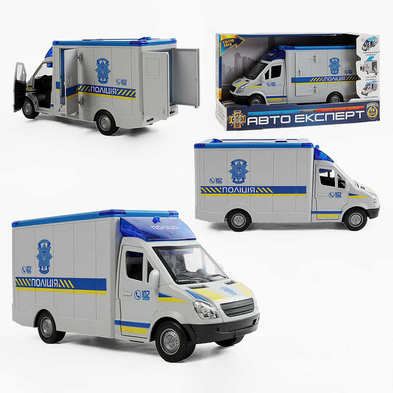 Машинка ТК-73429 (24) “Авто Експерт“, “Поліція“, ОЗВУЧУВАННЯ УКРАЇНСЬКОЮ МОВОЮ, інерція, звук, підсвічування, вірші, пісні, звук сирени, двері та дах відчиняються, в коробці