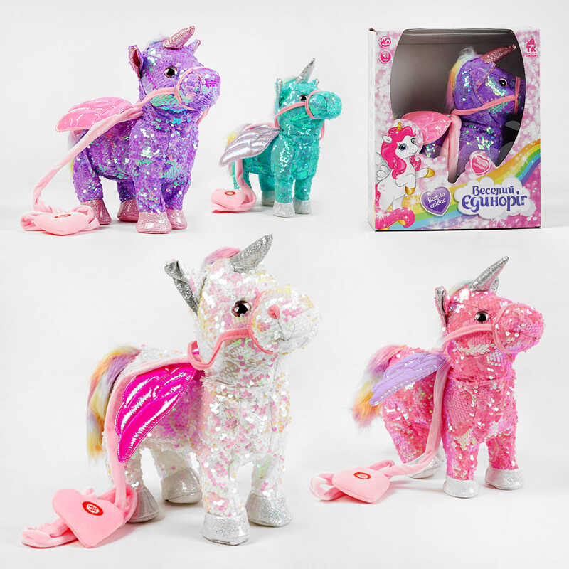 Інтерактивна іграшка “Веселий єдиноріг“ М 14795 (32) “TK Group“, 4 кольори, в пайєтках, ходить, танцює, відтворює звуки, пісні англ. мовою, у коробці, ВИДАЄТЬСЯ ТІЛЬКИ МІКС ВИДІВ