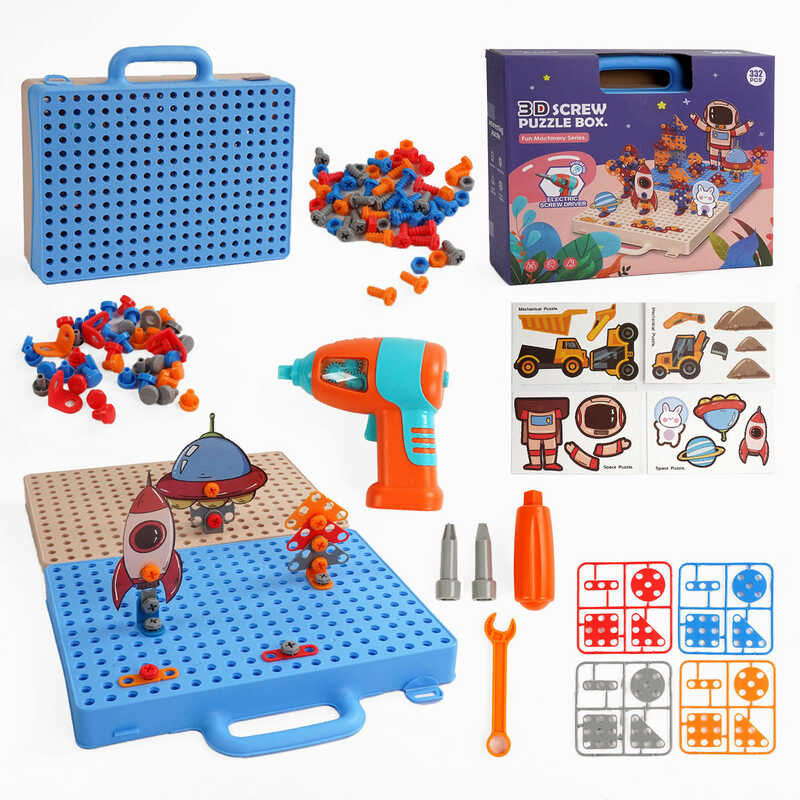 Мозаїка H 321-332 B (18) 332 деталі, електричний шуруповерт, інструменти, валізка, декор, в коробці