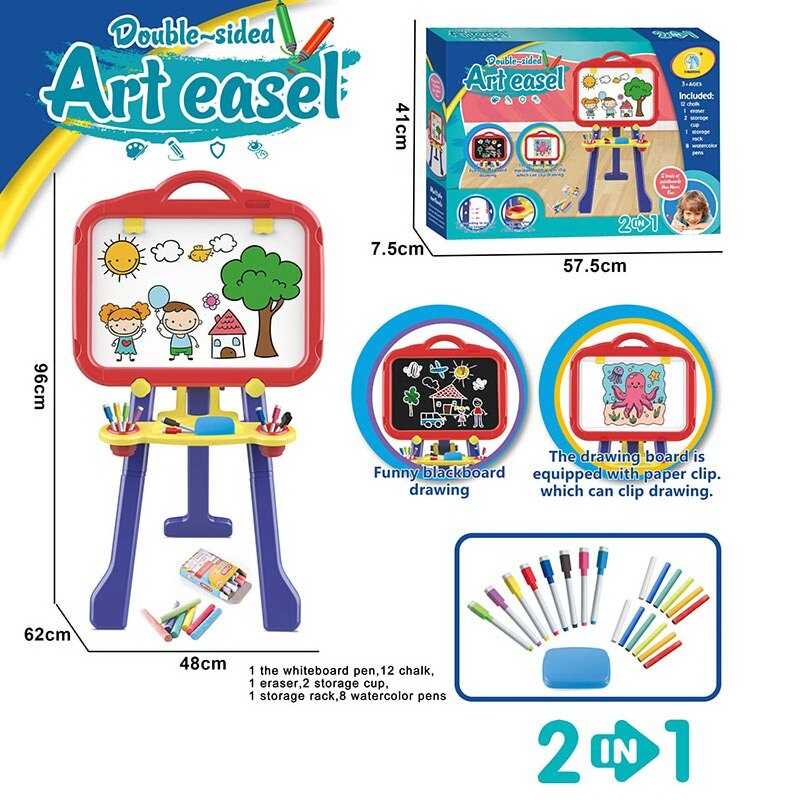 Мольберт YM 2202 (12) двостороння дошка,підставка, регульована висота, 8 маркерів, крейда 12 кольорів, в коробці Мольберт YM 2202 (12) двостороння дошка,підставка, регульована висота, 8 маркерів, крейда 12 кольорів, в коробці