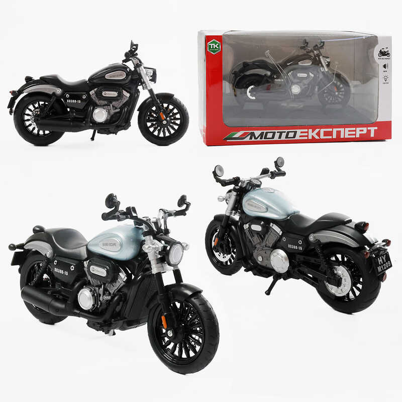 Мотоцикл BG 92-025 (48/2) “Мото Експерт“, 2 кольори, металопластик, масштаб 1:12, прогумовані колеса, підсвічування, звук, амортизація, платформа, в коробці