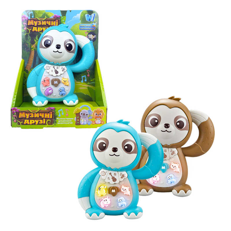 Музична іграшка 99186 (120/2) “WToys“, “ЛІНИВЕЦЬ“, 2 кольори, ОЗВУЧУВАННЯ УКРАЇНСЬКОЮ МОВОЮ, пісні, казки, віршики, підсвічування, цифри, звуки тварин, в коробці