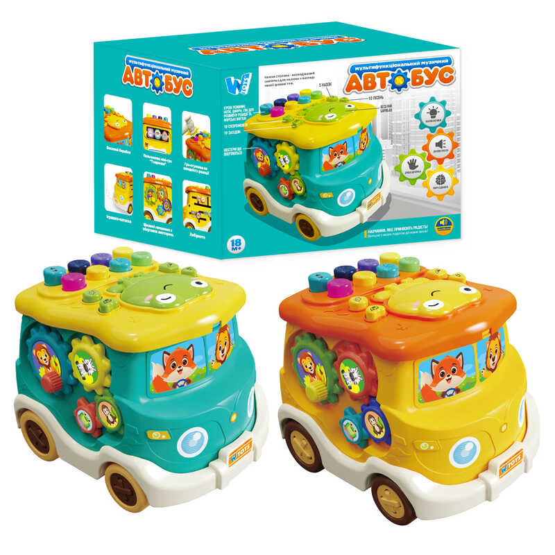 Музичний Автобус 49202 (60/2) “WToys“, 2 кольори, ОЗВУЧУВАННЯ УКРАЇНСЬКОЮ МОВОЮ, 5 казок, 10 пісень, 10 скоромовок, 10 загадок, підсвічування, лабіринти, барабан, каталка, в коробці