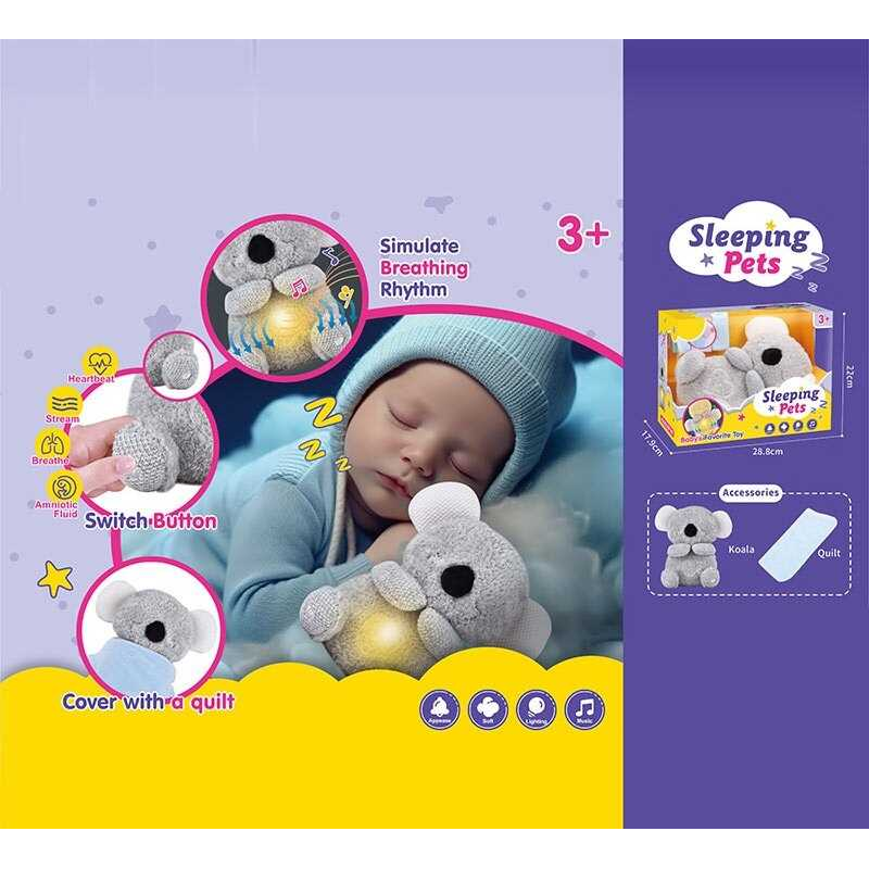Інтерактивна іграшка 933-186 E (18) “Коала“, “Сплюшка“, висота 27 см, для сну, дихає, підсвітка, мелодія, звук серцебиття, в коробці