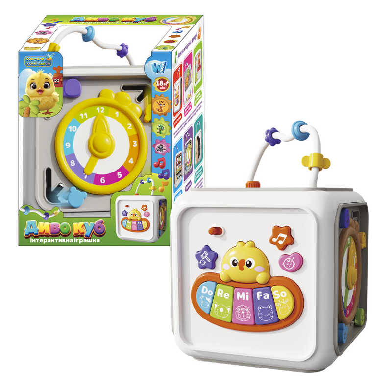 Музичний куб 25462 (18/2) “WToys“, ОЗВУЧУВАННЯ УКРАЇНСЬКОЮ МОВОЮ, пісні, казки, загадки, пальчикові ігри, віршики, підсвічування, цифри, звуки тварин, в коробці