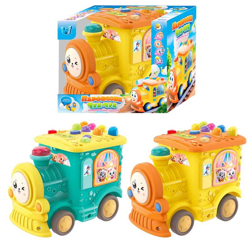 Музичний паровозик 95606 (72/2) “WToys“, 2 кольори, ОЗВУЧУВАННЯ УКРАЇНСЬКОЮ МОВОЮ, казки, пісні, скоромовки, загадки, світло, пальчикові ігри, гра-стукалка, в коробці