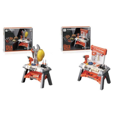 Набір інструментів 8803-1 / 8804-1 (12) 2 види, 63 деталі, майстерня, підсвічування, шуруповерт на батарейках, каска, окуляри, стілець, в коробціі