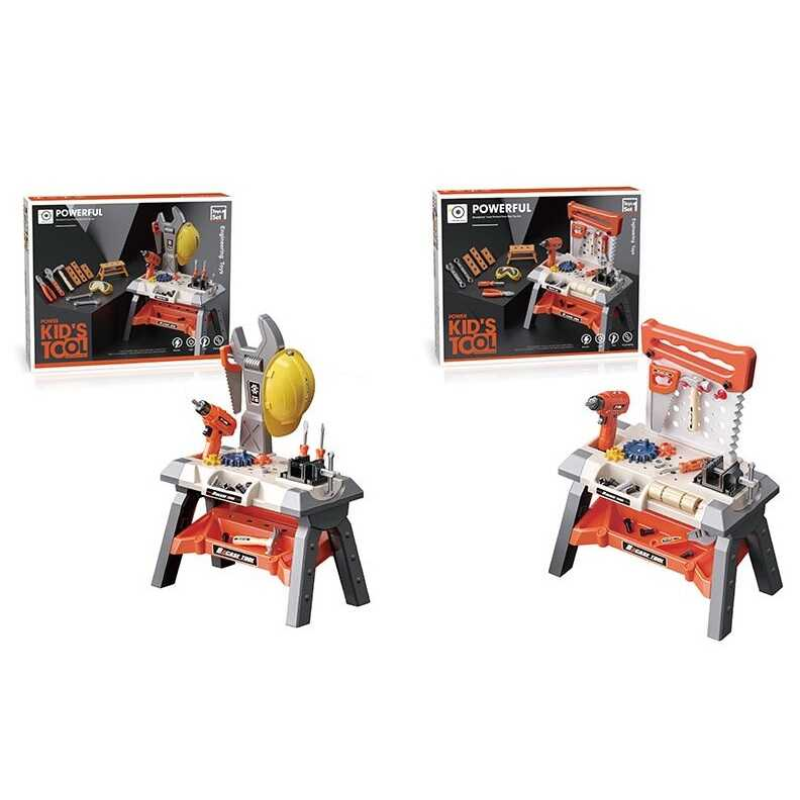 Набір інструментів 8803-1 / 8804-1 (12) 2 види, 63 деталі, майстерня, підсвічування, шуруповерт на батарейках, каска, окуляри, стілець, в коробціі