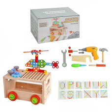 Набір інструментів C 65657 (12) дерев’яний, ящик, столярний верстак, електричний шуруповерт, каталка, конструктор, в коробці