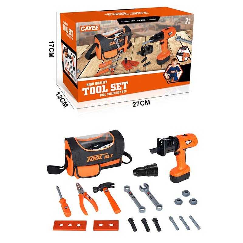 Набір інструментів KY 1068-32 (36/2) дриль-лобзик на батарейках, звук, рухливі елементи, реверс, плоскогубці, будівельний молоток, гайковий ключ, плоскогубці, викрутка, знімні насадки, сумка для інструментів, в коробці