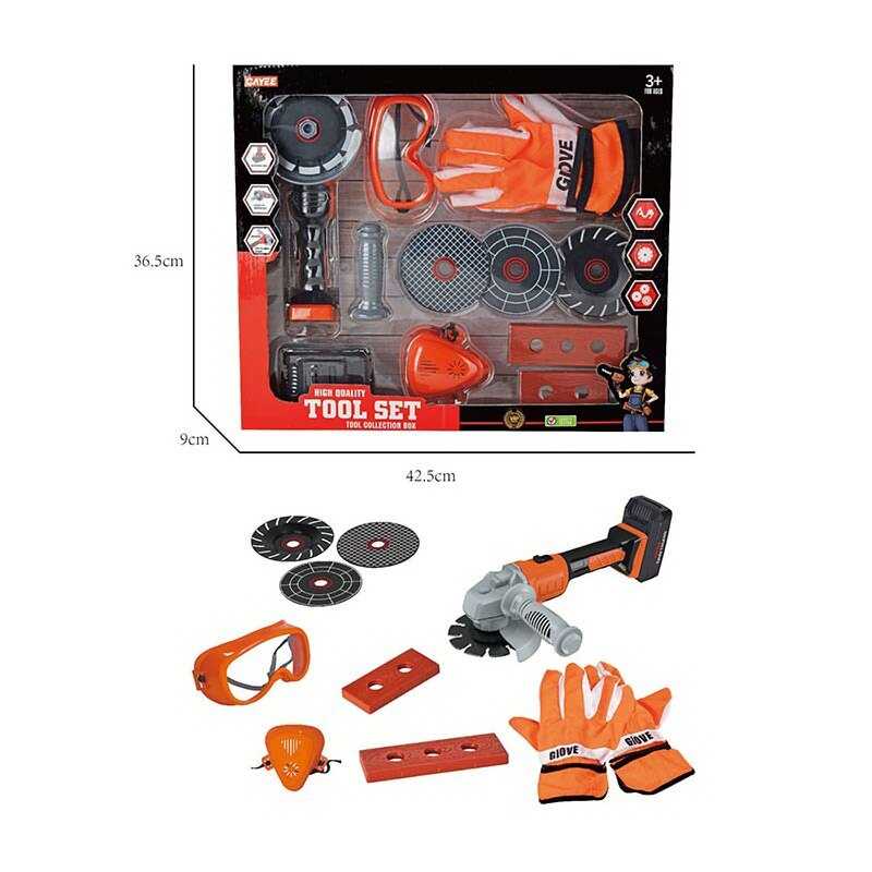 Набір інструментів KY 1068-44 (16/2) 13 елементів, шліфувальна машина на батарейках, тренувальні бруски, окуляри, маска, будівельні рукавиці, в коробці