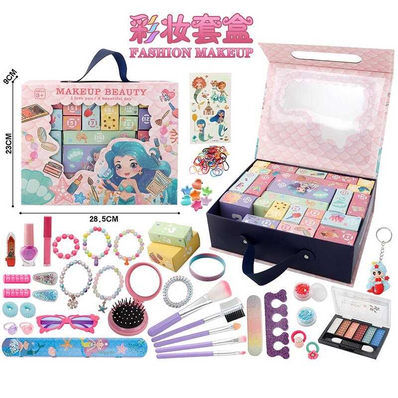 Набір аксесуарів LD 6062 (36/2) адвент-календар, тіні, браслет, окуляри, резинка, пензлики, пилочка, бігуді, гребінець, помади, лак, в боксі