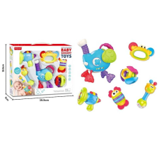Набір брязкалець BY 203 (18) 6 шт., прорізувачі, тріскачки, пискавки, пальчикові ігри, гумові шнурочки, шумливі кольорові сфери, в коробці