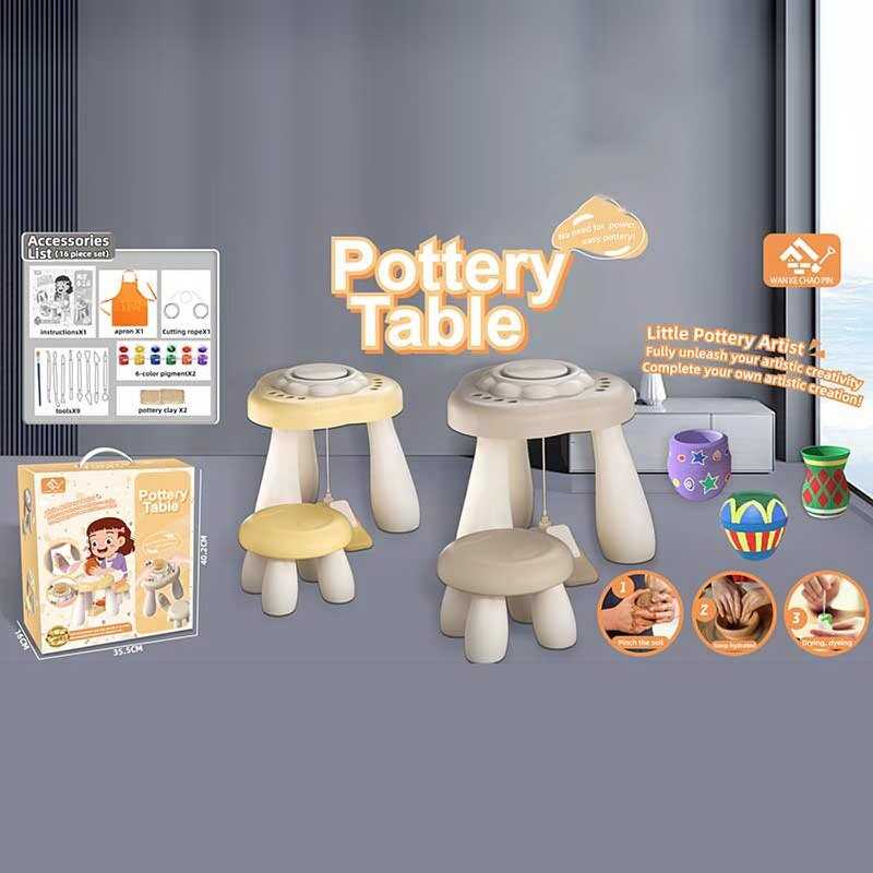 Набір для гончарства 8821 (10) столик, стільчик, станок, глина, фарби, пензлики, інструменти, фартух, в коробці