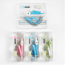 Набір для креслення C 60731 (144) 3 види, циркуль з запасними стрижнями, лінійка, трикутник, транспортир, стиральна гумка, в пластиковому пеналі, МІКС