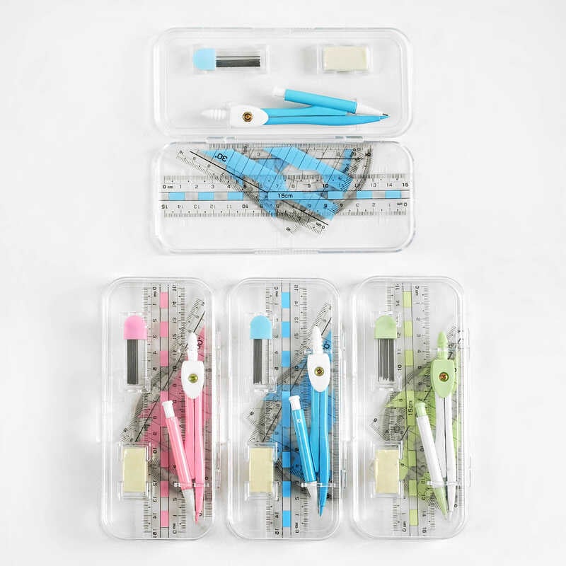 Набір для креслення C 60731 (144) 3 види, циркуль з запасними стрижнями, лінійка, трикутник, транспортир, стиральна гумка, в пластиковому пеналі, МІКС