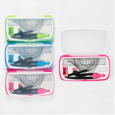 Набір для креслення C 62057 (96) ЦІНА ЗА 1 ШТУКУ, циркуль, лінійка 15 см, 2 косинці, транспортир, гумка, стругачка, олівець, в пакеті