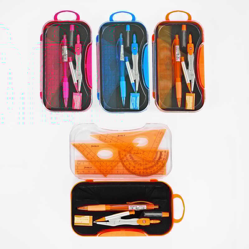 Набір для креслення С 62053 (144) 3 кольори, циркуль, лінійка 15 см, 2 косинці, транспортир, гумка, механічний олівець, грифелі, у пакеті, ВИДАЄТЬСЯ ТІЛЬКИ МІКС ВИДІВВ