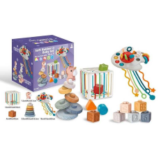 Набір для розвитку 1281 (18) куб з еластичною решіткою, сенсорні кубики, пірамідка, пальчикові ігри, геометричні фігури, в коробці