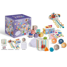 Набір для розвитку 1294 (18) 31 елемент, брязкальця, кубики, прорізувачі, пальчикові ігри, м’ячики, текстильні серветки, мішечок, куб із формами, в коробці