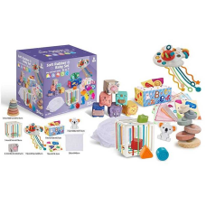 Набір для розвитку 1297 (18) 34 елементи, кубики, брязкальця, прорізувачі, фігурка, пірамідка, серветки, мішечок, куб із формами, в коробці