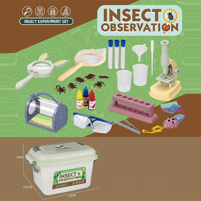 Набір дослідів W 616 (48) мікроскоп на батарейках, підсвітка, пробірки, пінцет, лупа, сачок, флакони з “реактивами“, наукові аксесуари, моделі комах, окуляри, в боксі