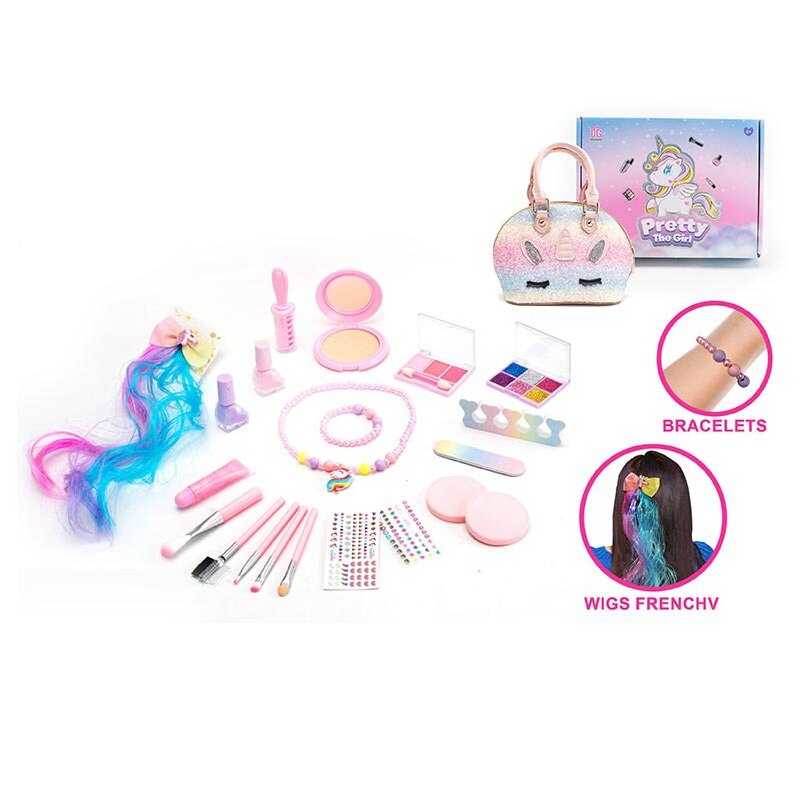 Набір косметики 2621 B (36) сумочка, пудрениця із дзеркальцем, тіні, глітер, 2 лаки, розділювач для пальців, пилочка, штучна прядка волосся, в коробці